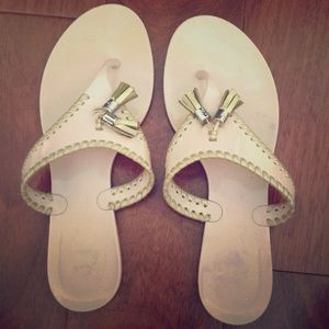 Pink and gold rubber Jack Rogers.